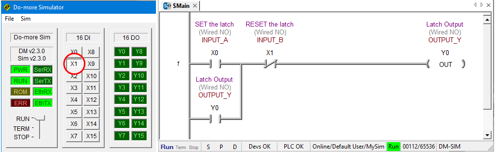 Ladder Logic Simulator – X1 Resets the Latch